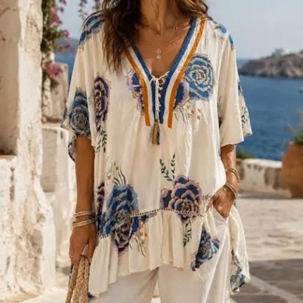 Z&L Floral Tunic Cover Up Women OS Ivory Blue Lace Up Boho Peasant Resort Beach